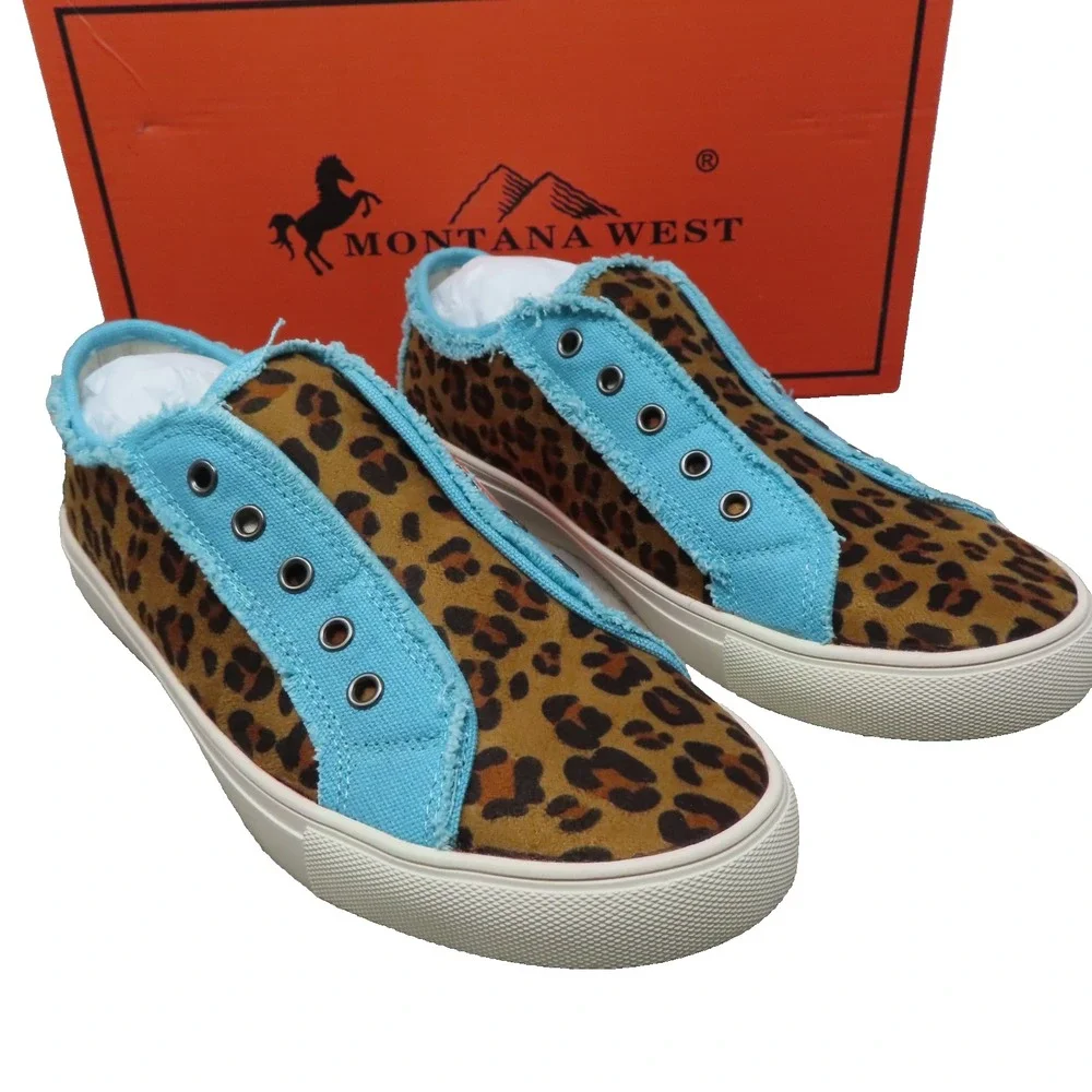 Montana West Tooled Leopard Canvas Shoes 8 Blue Brown Western Cowgirl Hippie NIB